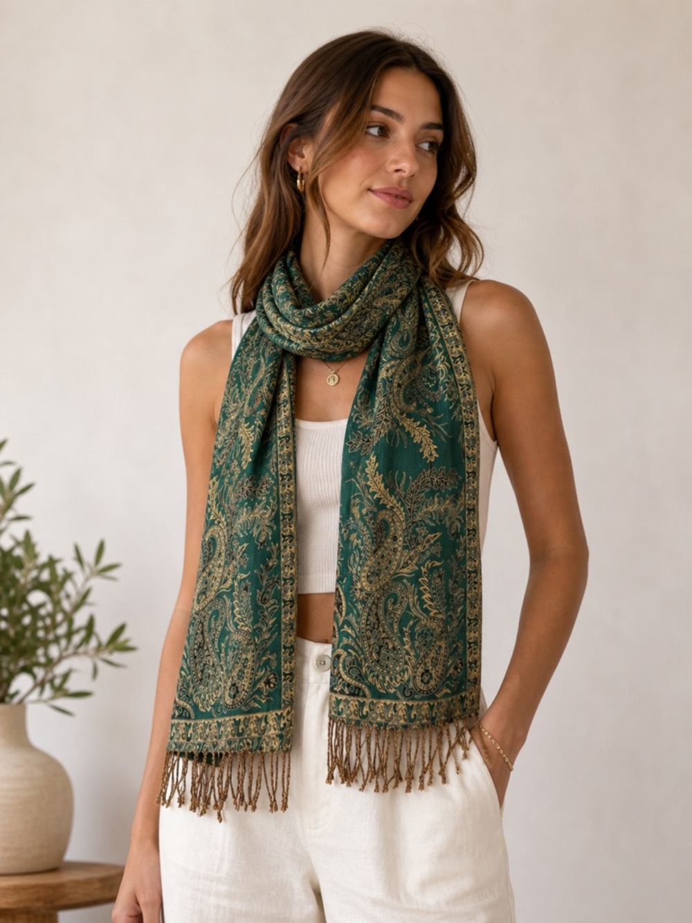 Green & Gold Paisley Scarf – Boho Vintage Vibes